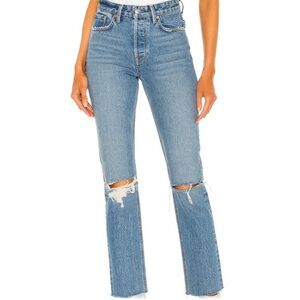 GRLFRND High Rise Blue Jeans with Vintage Distressing